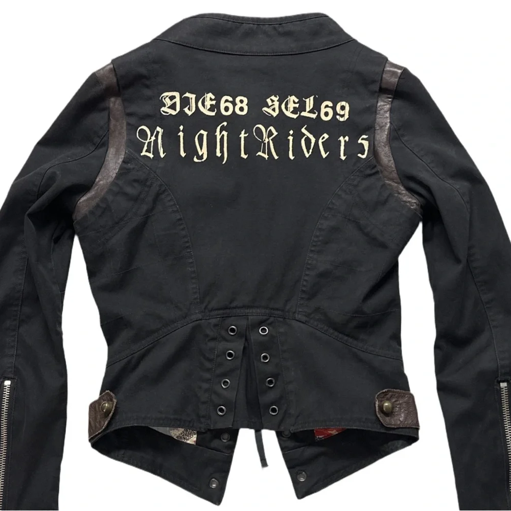 Y2K DIESEL rare black slim fitted nightriders leather trim jacket, S. - Picture 8 of 8
